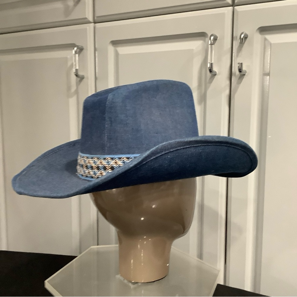 Vintage 70’s YA Youngan Blue Jean Denim Cowboy Western Hat Chevron Band - Picture 14 of 16